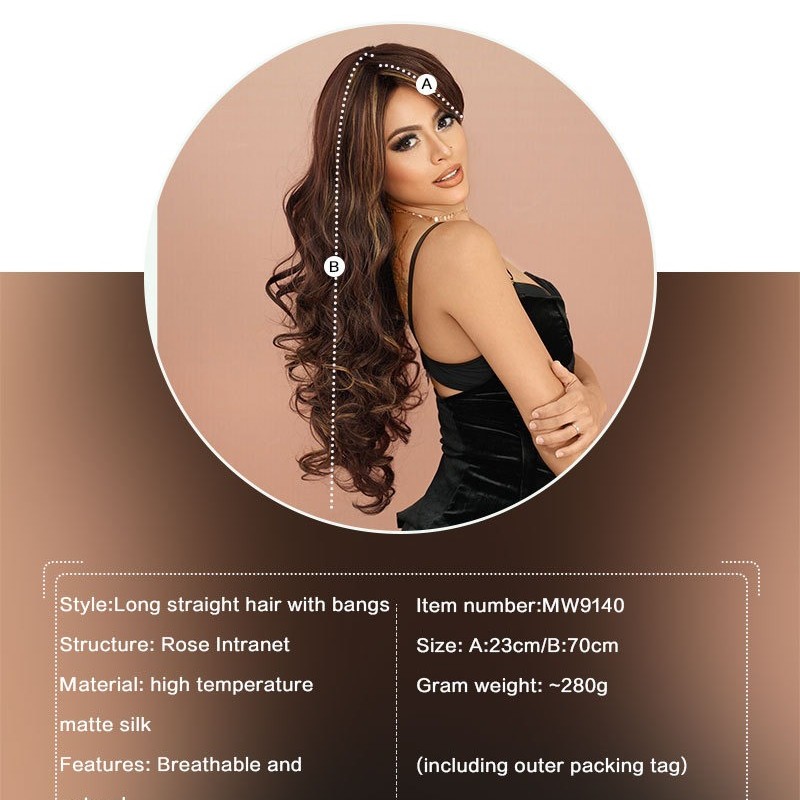 Long Wavy Hair with Reddish-Brown and Gold Balayage Angled Bangs Wig