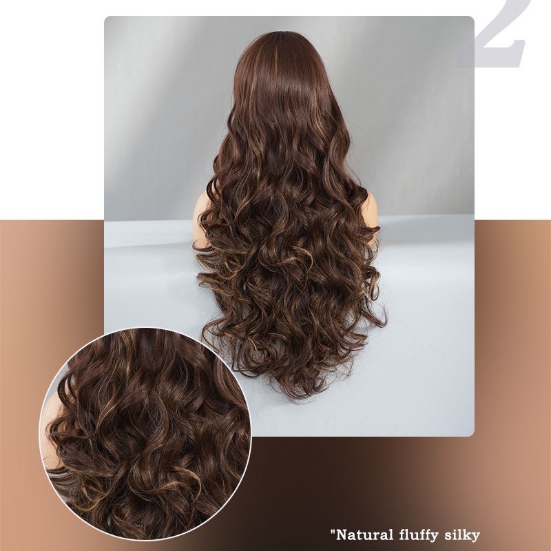 Long Wavy Hair with Reddish-Brown and Gold Balayage Angled Bangs Wig