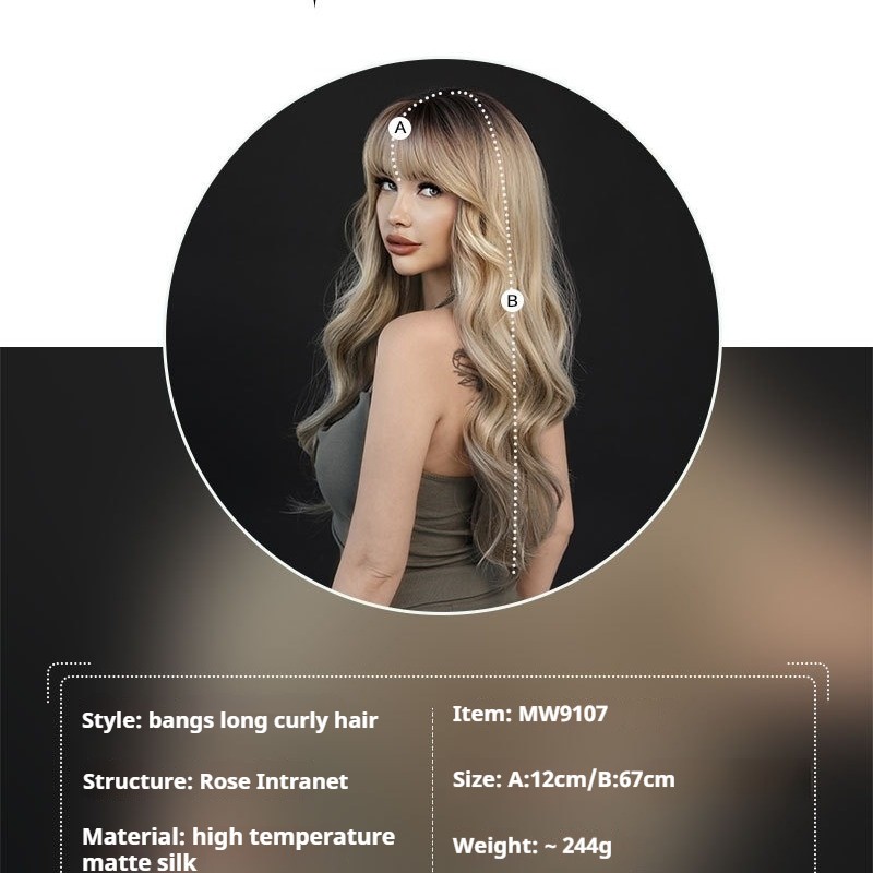 Gradient Ash Blonde Loose Wave Long Curl Wig with Bangs