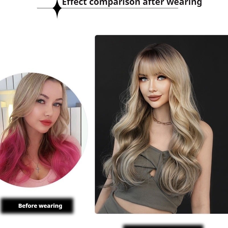 Gradient Ash Blonde Loose Wave Long Curl Wig with Bangs