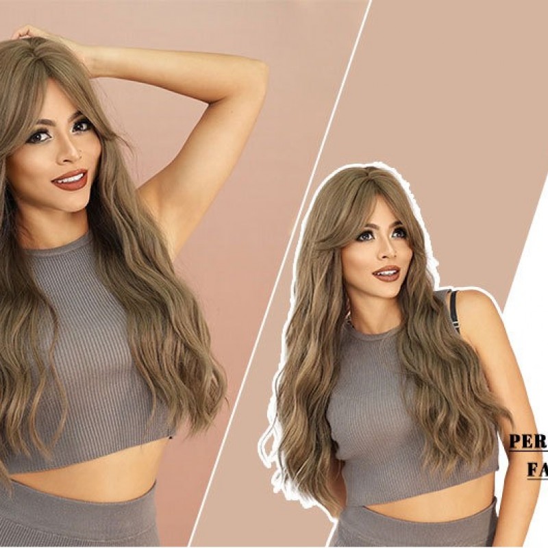 Long Wavy Wig with Misty Brown Tonal Bangs