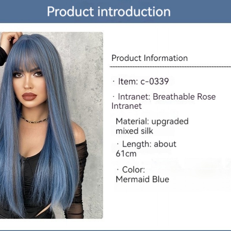 Mermaid Blue Highlights Straight Bangs Long Straight Wig