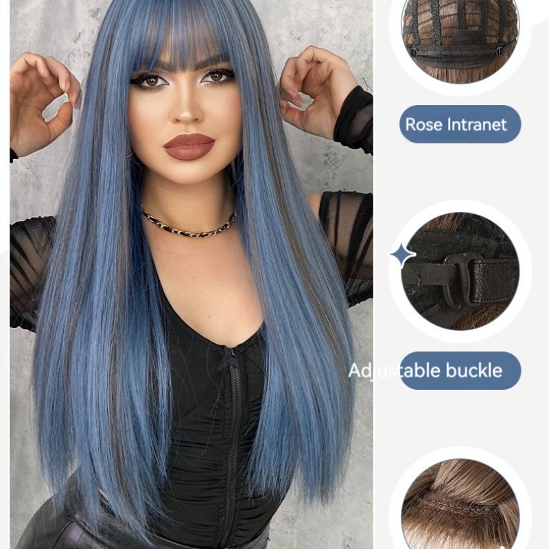 Mermaid Blue Highlights Straight Bangs Long Straight Wig