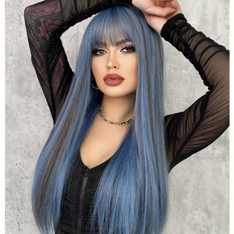 Mermaid Blue Highlights Straight Bangs Long Straight Wig