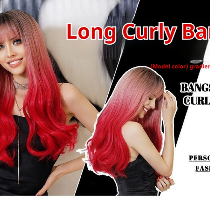 Mermaid Pink Bangs Long Curly Synthetic Wig