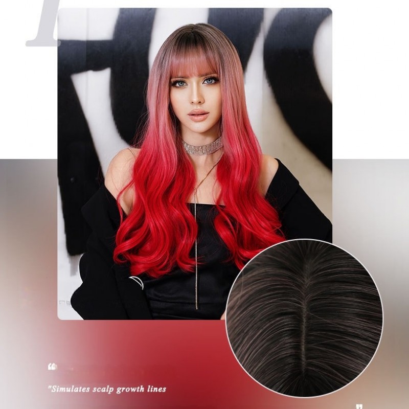 Mermaid Pink Bangs Long Curly Synthetic Wig