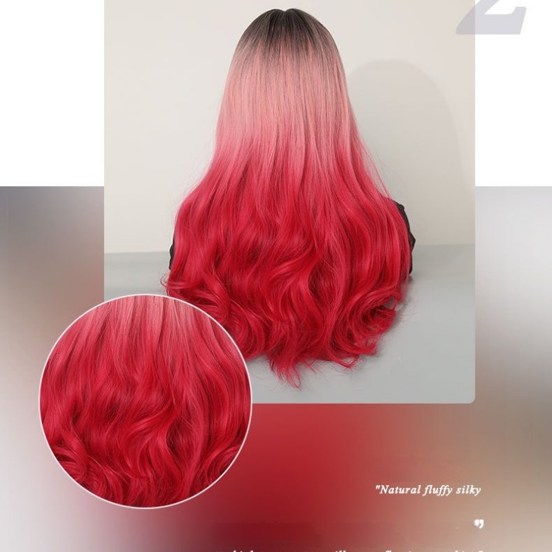 Mermaid Pink Bangs Long Curly Synthetic Wig