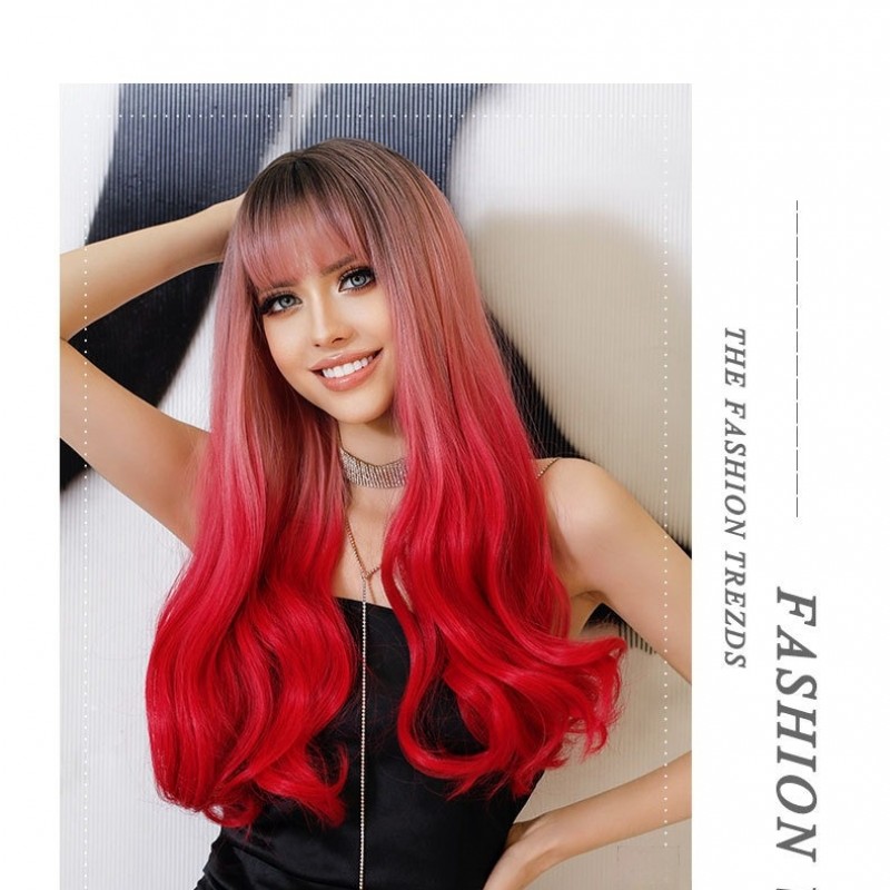 Mermaid Pink Bangs Long Curly Synthetic Wig