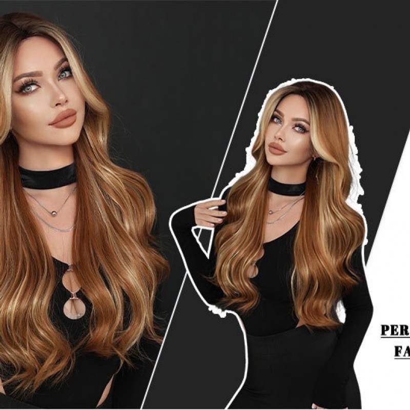 Mid-Part Long Wavy Wig with Amber Brown and Blonde Highlights