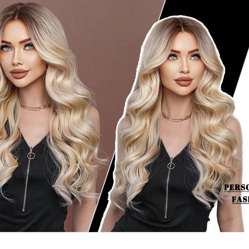 Middle Part Champagne Wavy Long Hair Small T-Lace Synthetic Wig