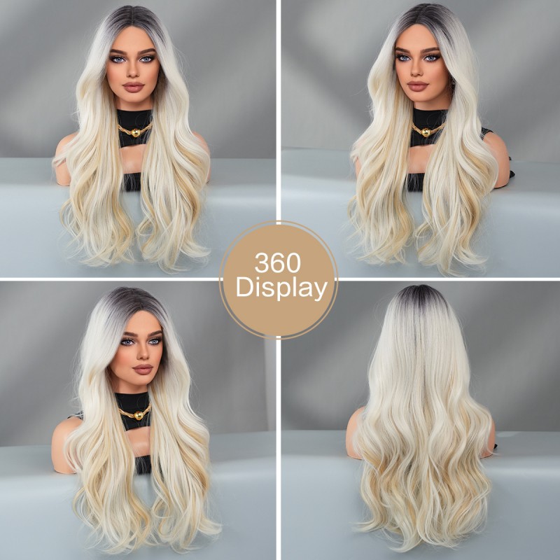 Middle Part Champagne Wavy Long Hair Small T-Lace Synthetic Wig