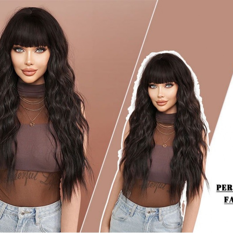 Natural Black Long Hair with Big Waves and Blunt Bangs