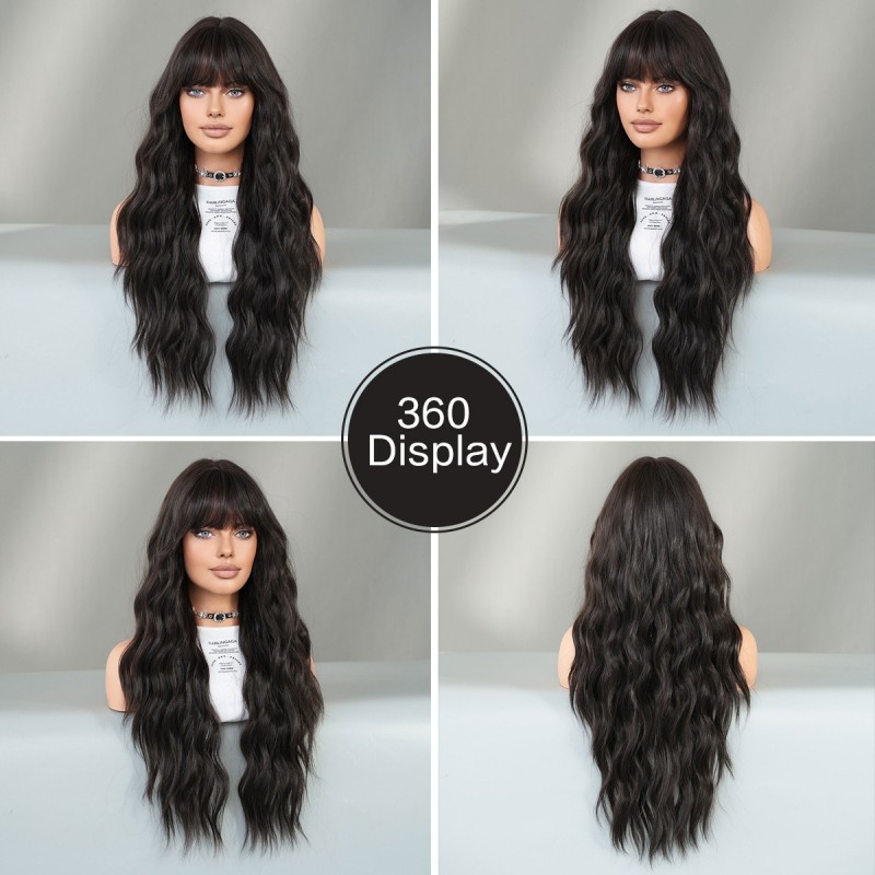 Natural Black Long Hair with Big Waves and Blunt Bangs