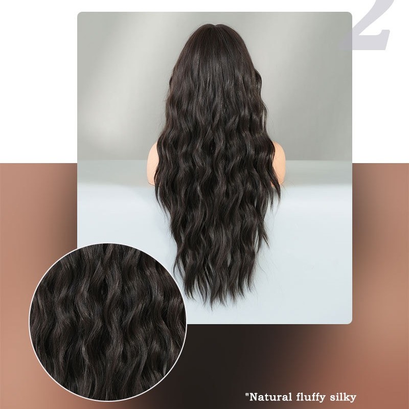 Natural Black Long Hair with Big Waves and Blunt Bangs