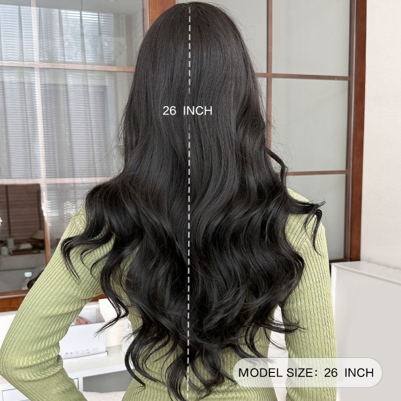 Natural Black Long Wavy Wig with Bangs Synthetic Wig