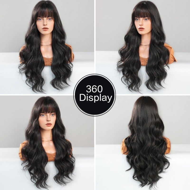 Natural Black Long Wavy Wig with Bangs Synthetic Wig