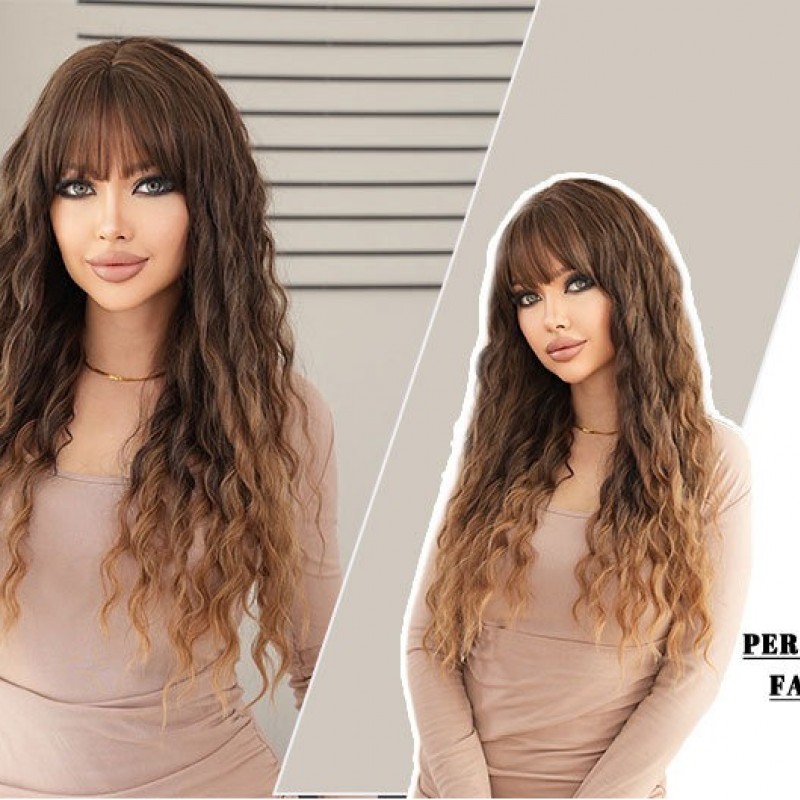 Ombre Ash Brown Deep Wavy Bangs on Long Curly Hair