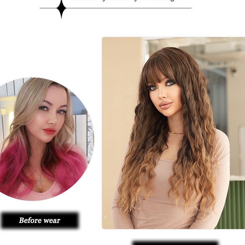 Ombre Ash Brown Deep Wavy Bangs on Long Curly Hair