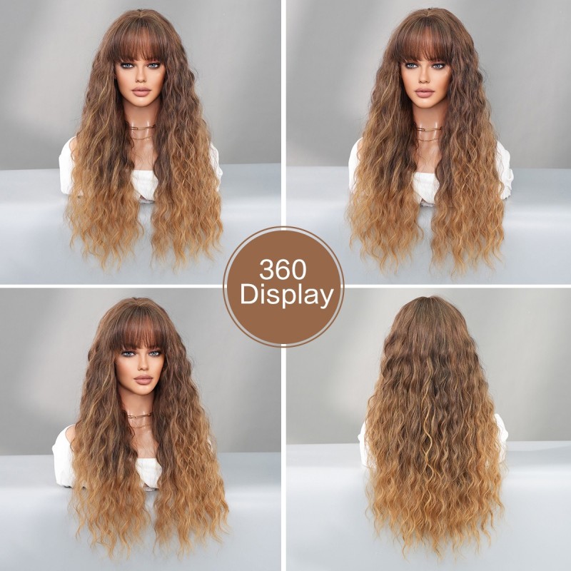 Ombre Ash Brown Deep Wavy Bangs on Long Curly Hair