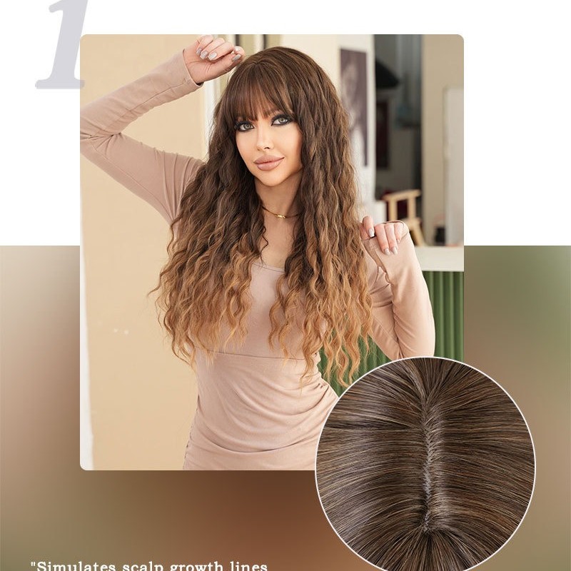 Ombre Ash Brown Deep Wavy Bangs on Long Curly Hair