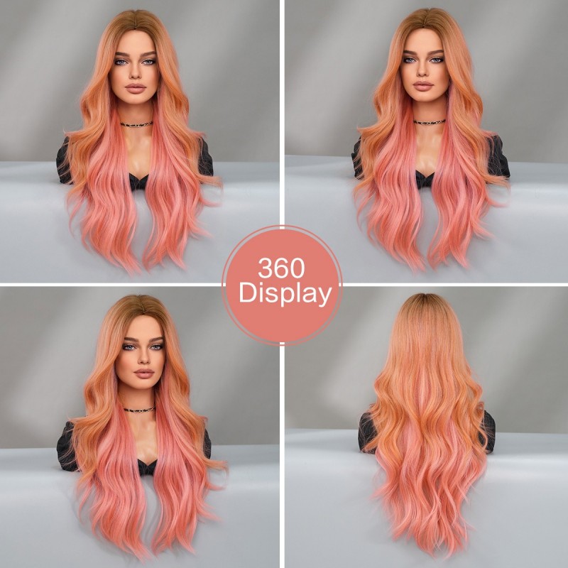 Pink Gradient Long Curls Center Part Big Waves Wig