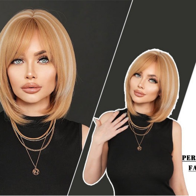 Short Straight Bob Wig with Golden Highlights and Side Bangs Wig