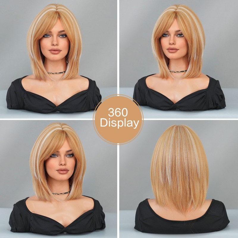 Short Straight Bob Wig with Golden Highlights and Side Bangs Wig