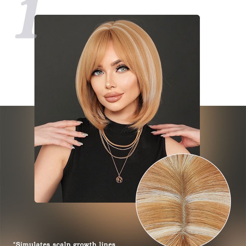 Short Straight Bob Wig with Golden Highlights and Side Bangs Wig