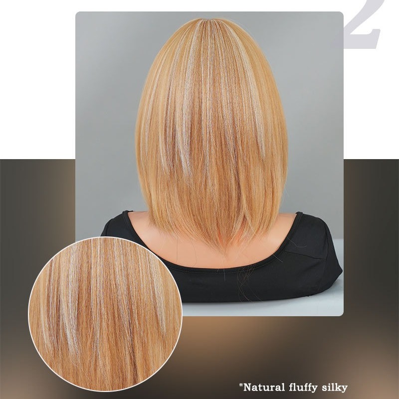 Short Straight Bob Wig with Golden Highlights and Side Bangs Wig