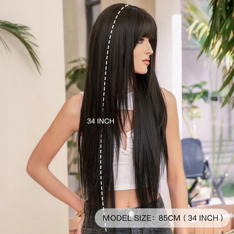 Round Face Layered Bangs Extra-Long Straight Black Wig