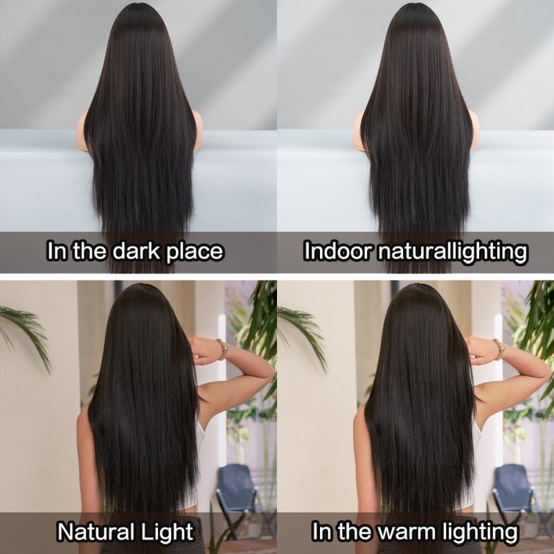 Round Face Layered Bangs Extra-Long Straight Black Wig