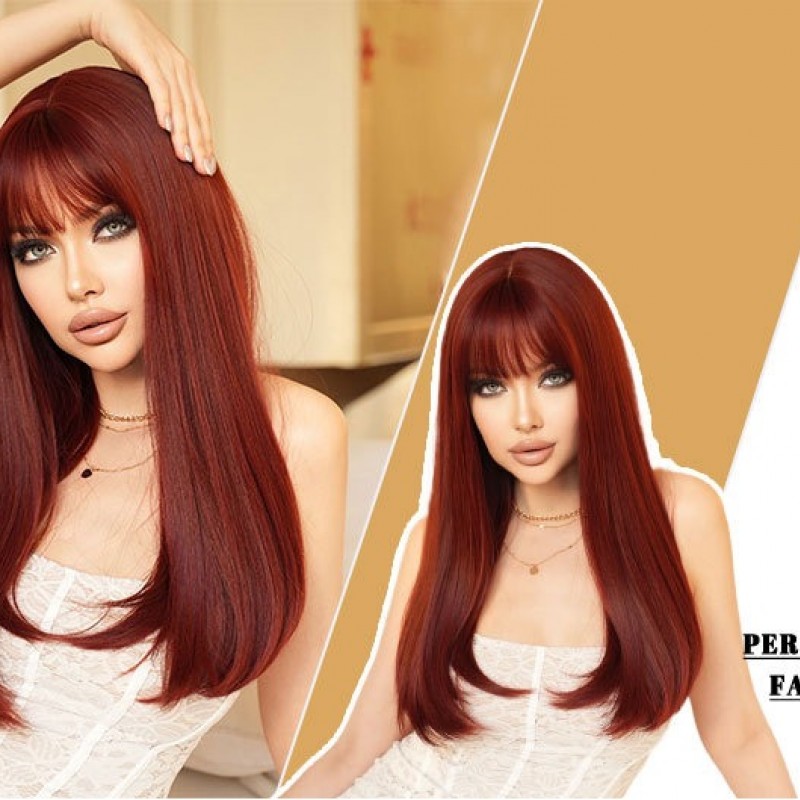 Retro Red Long Straight Wig with Inverted Bob Cut