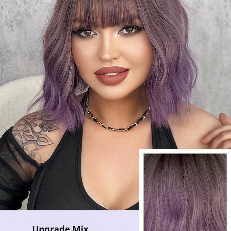 Purple Ripple Short Curls Air Bangs Wig