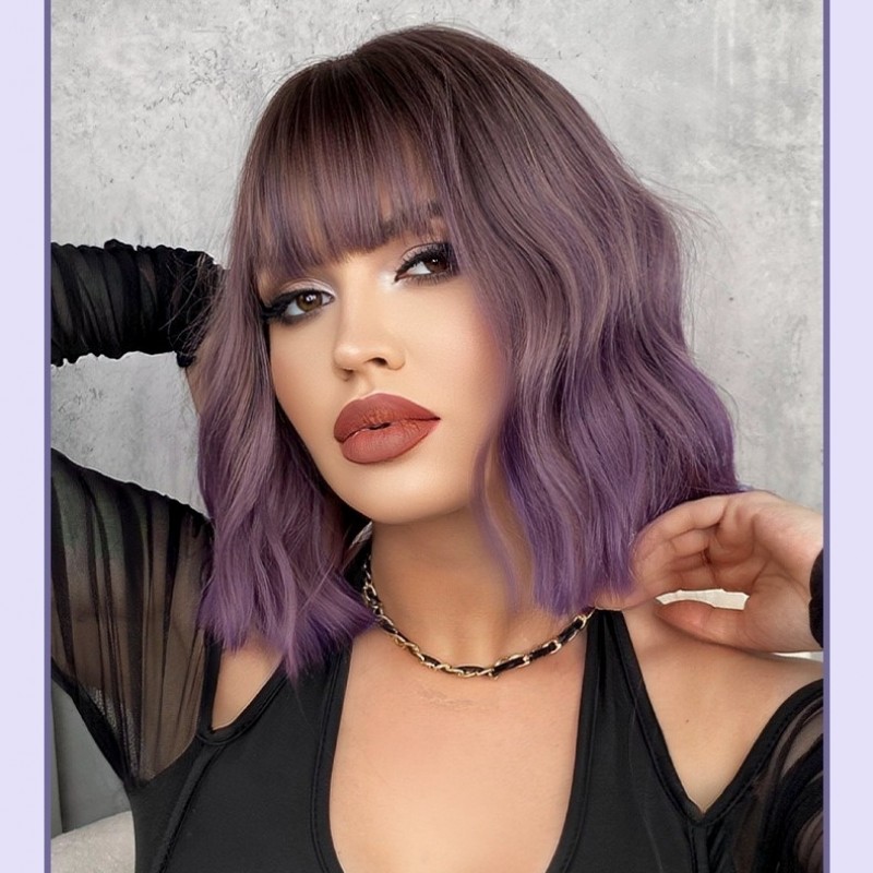 Purple Ripple Short Curls Air Bangs Wig