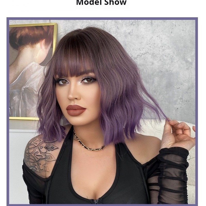 Purple Ripple Short Curls Air Bangs Wig