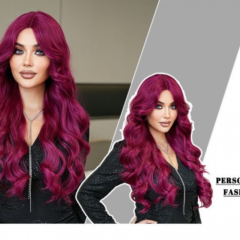 Purple-Red Wavy Long Curls Wig with Small T-Part Lace Front Wig