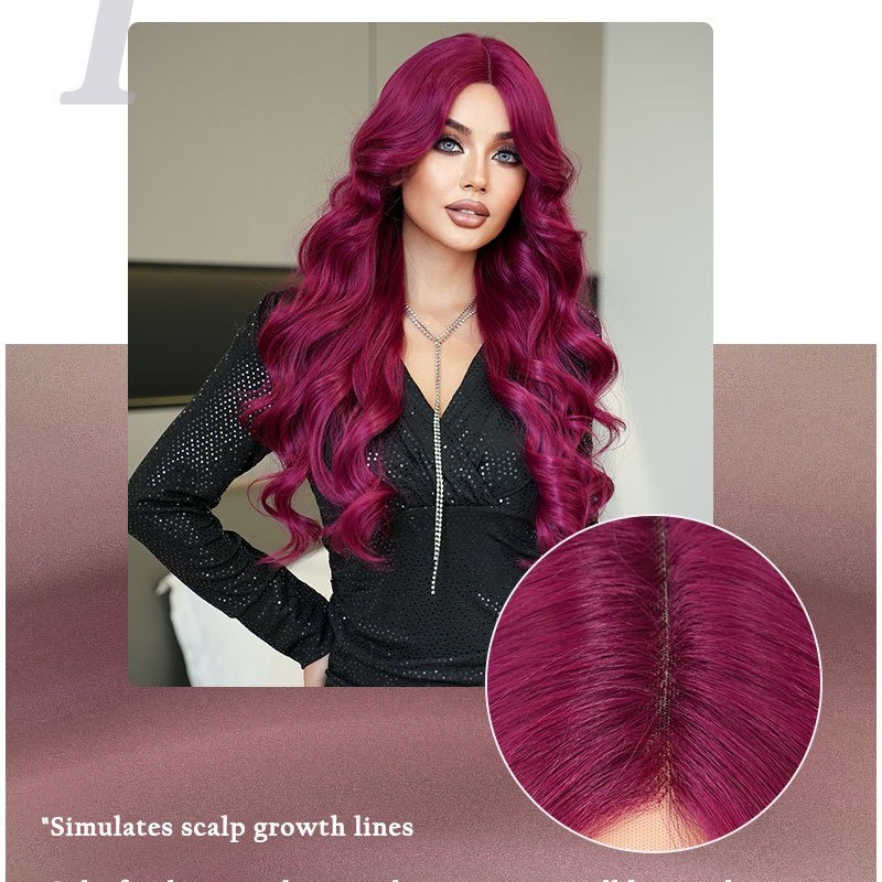 Purple-Red Wavy Long Curls Wig with Small T-Part Lace Front Wig