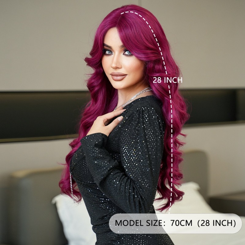 Purple-Red Wavy Long Curls Wig with Small T-Part Lace Front Wig