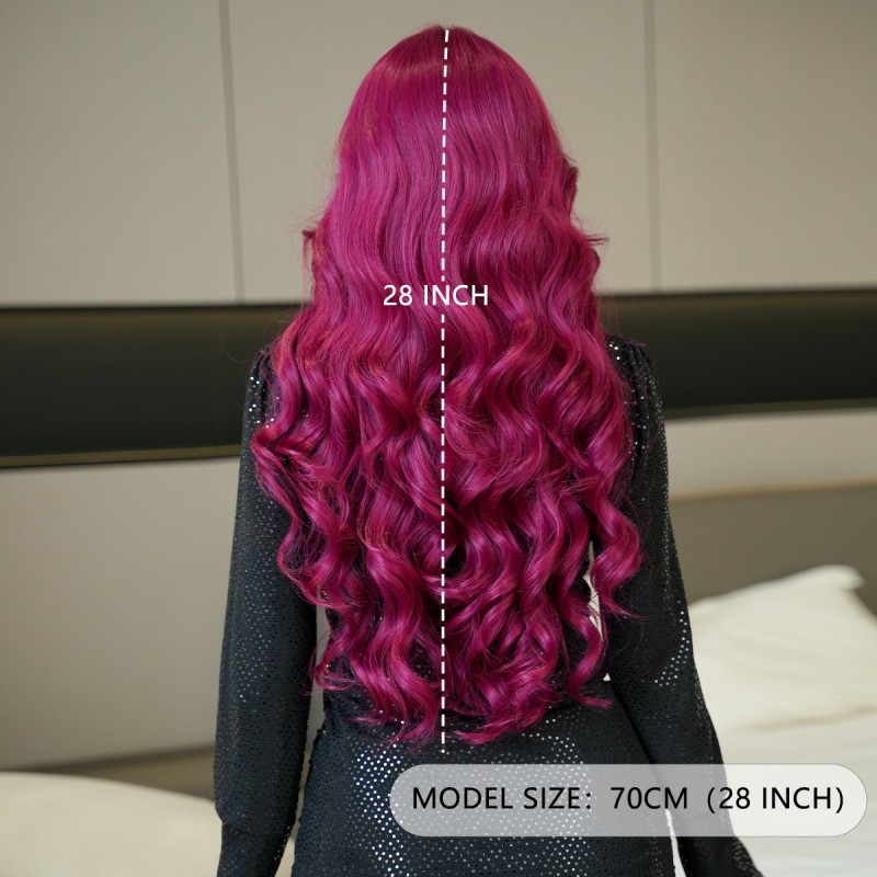 Purple-Red Wavy Long Curls Wig with Small T-Part Lace Front Wig