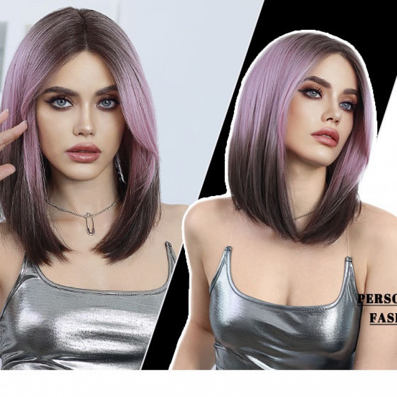 Purple to Brown Ombre Short Straight Wig with T-Lace Base