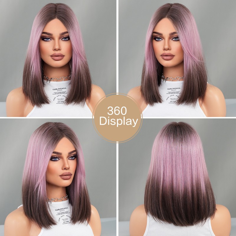 Purple to Brown Ombre Short Straight Wig with T-Lace Base