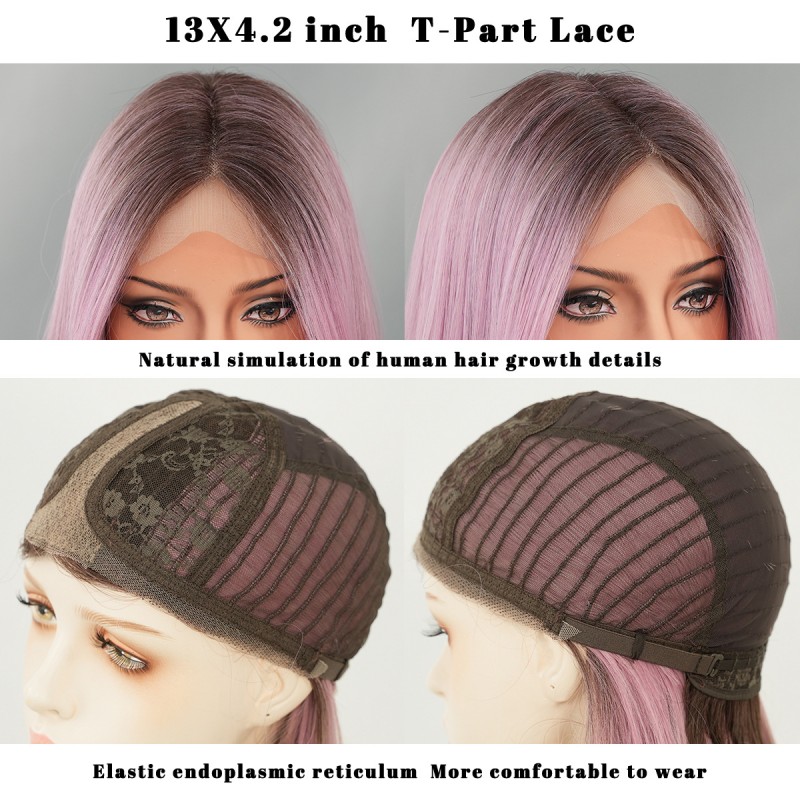 Purple to Brown Ombre Short Straight Wig with T-Lace Base