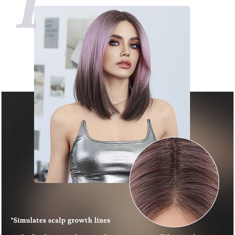 Purple to Brown Ombre Short Straight Wig with T-Lace Base