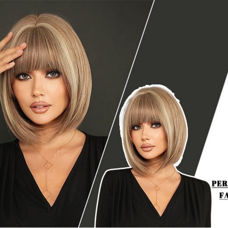 Short Straight Hair with Bangs in Tea Brown and Beige Highlighted Color Bob Wig