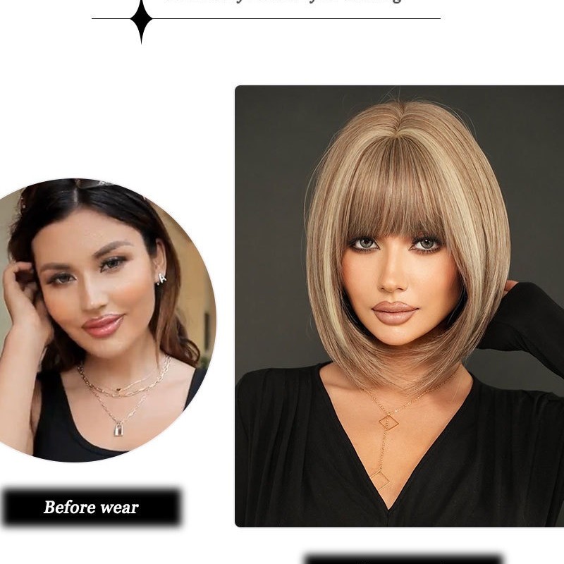 Short Straight Hair with Bangs in Tea Brown and Beige Highlighted Color Bob Wig