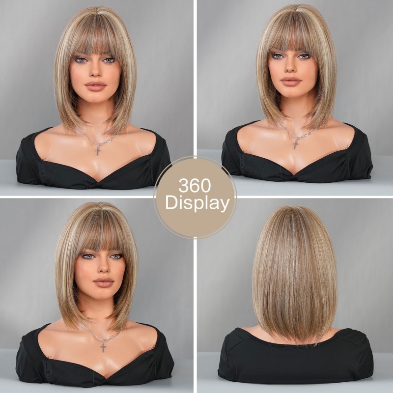 Short Straight Hair with Bangs in Tea Brown and Beige Highlighted Color Bob Wig