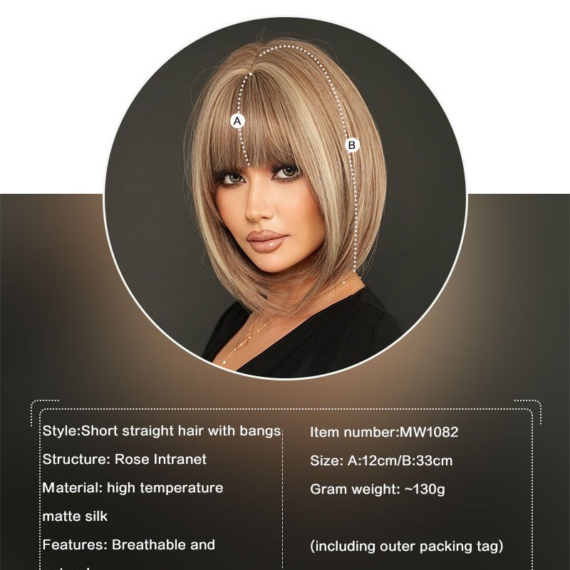 Short Straight Hair with Bangs in Tea Brown and Beige Highlighted Color Bob Wig