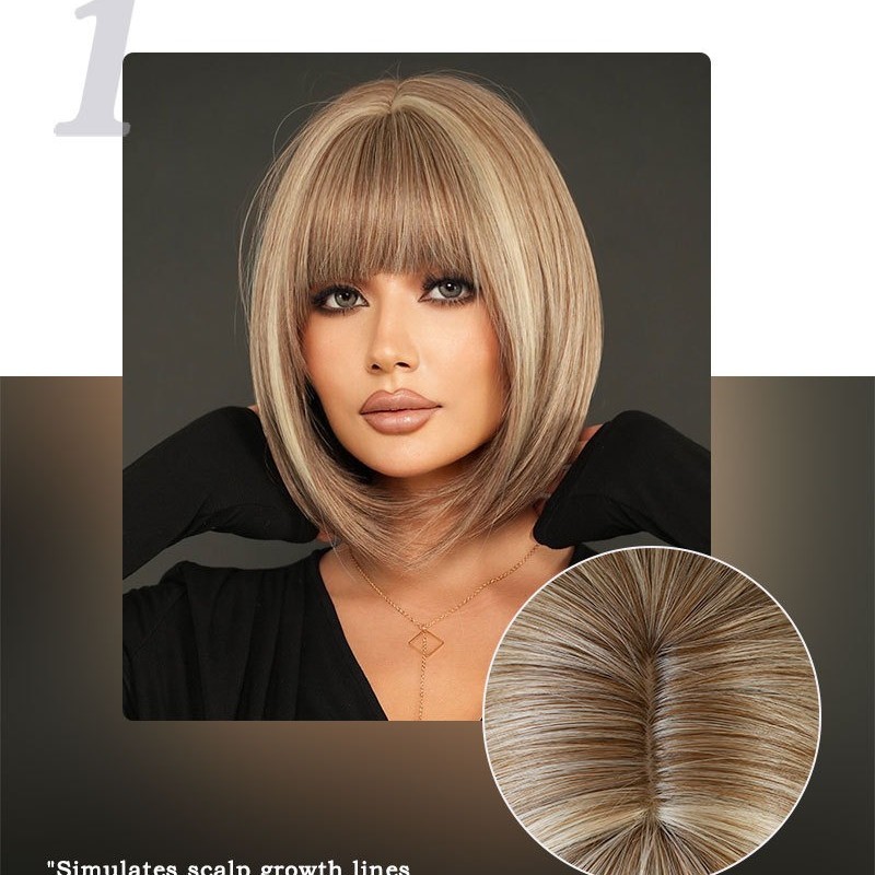 Short Straight Hair with Bangs in Tea Brown and Beige Highlighted Color Bob Wig