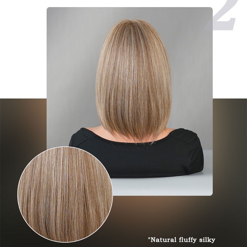 Short Straight Hair with Bangs in Tea Brown and Beige Highlighted Color Bob Wig