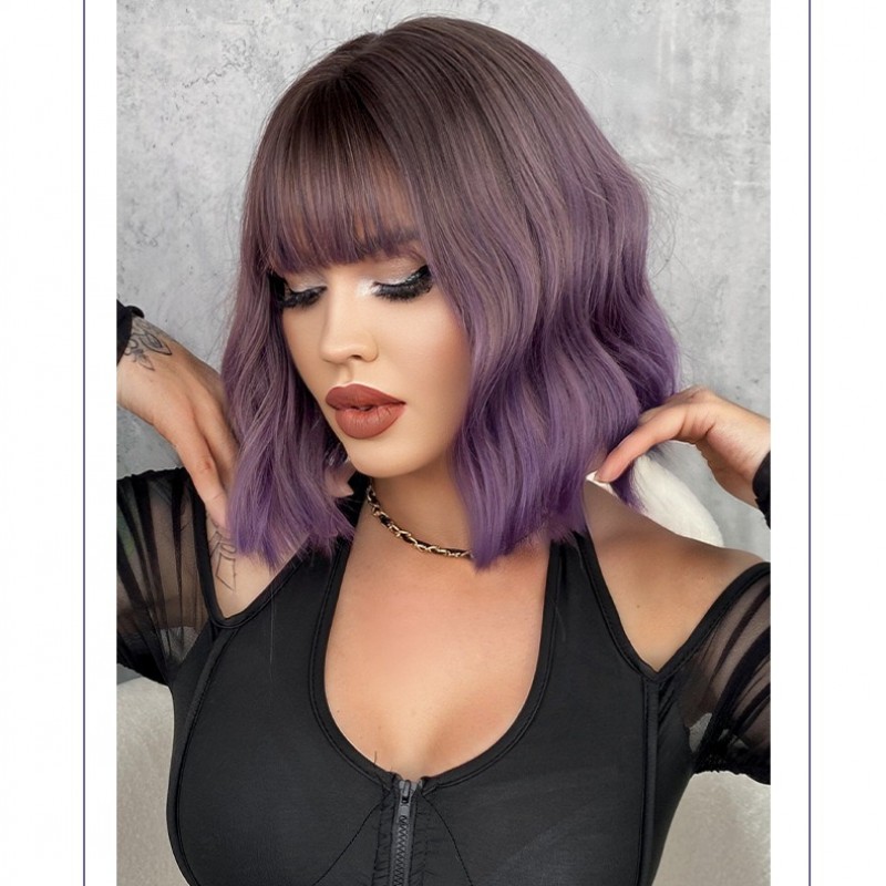 Purple Ripple Short Curls Air Bangs Wig